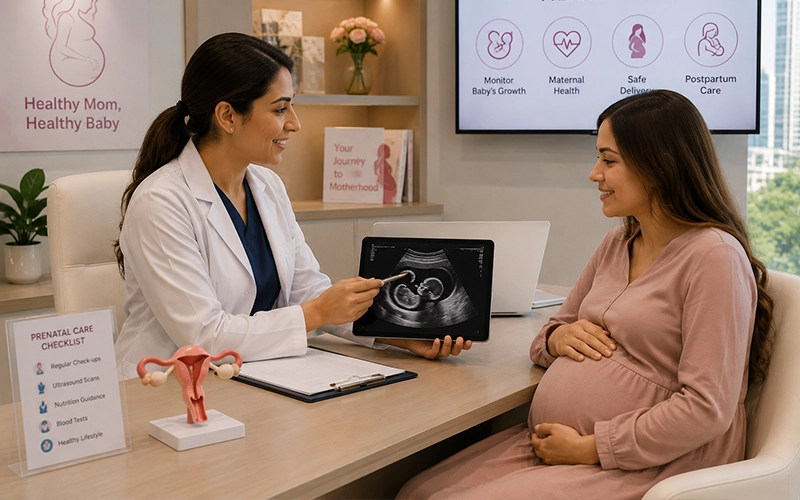 Obstetrician providing prenatal care during pregnancy
