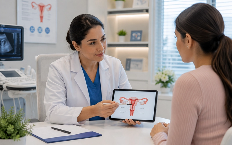 Female gynecologist evaluating urgent women's health symptoms