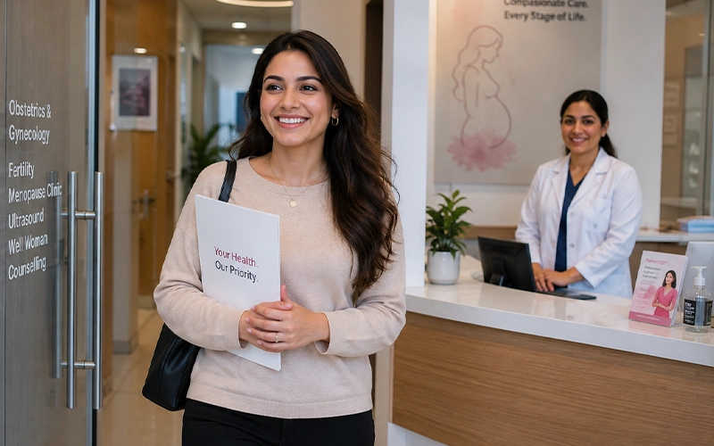 Woman leaving an OB-GYN clinic after a successful consultation